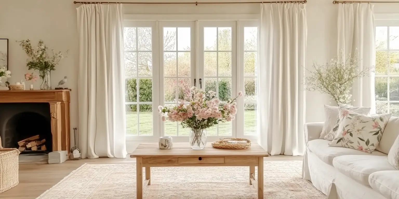 Soft morning light through linen curtains on a wooden floor
